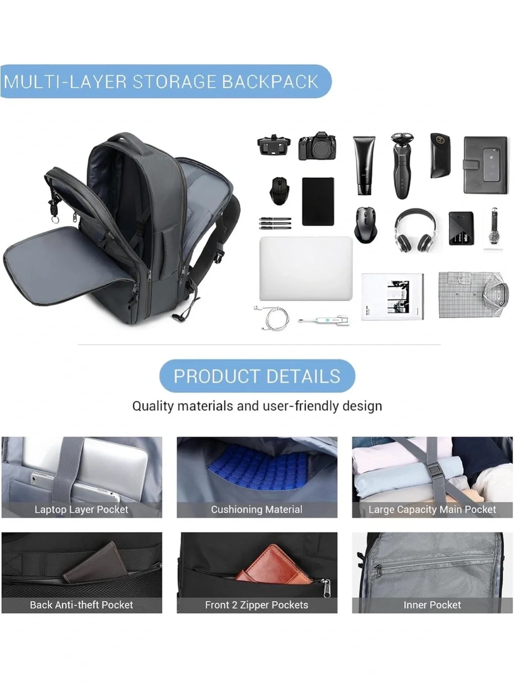 Black Travel Backpack with Hidden Straps - Men